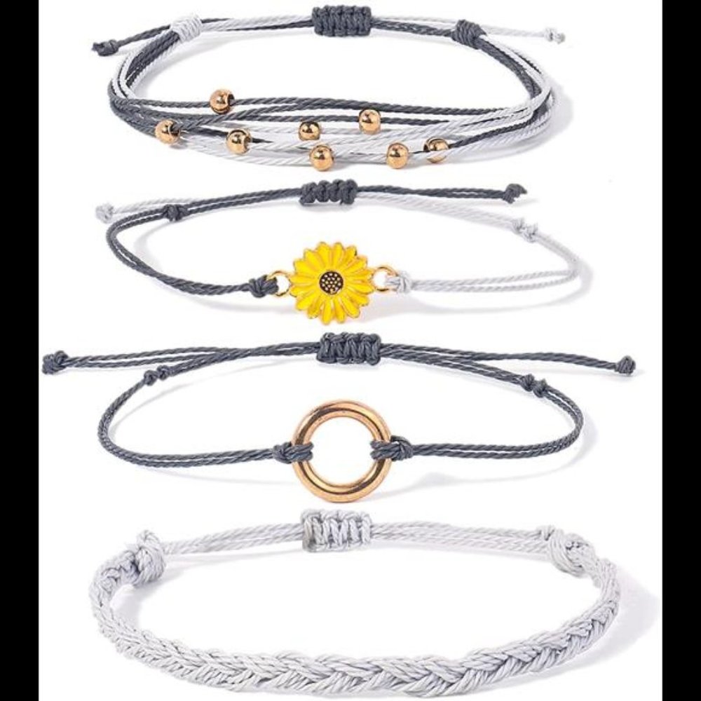 Cute Grey Sunflower String Bracelet Handmade Braided Rope Charms